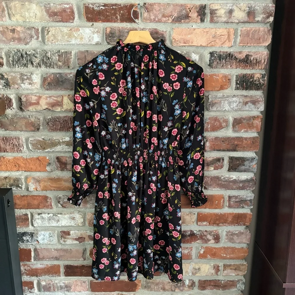 Kate Spade Black Floral Smock Waist Dress, S